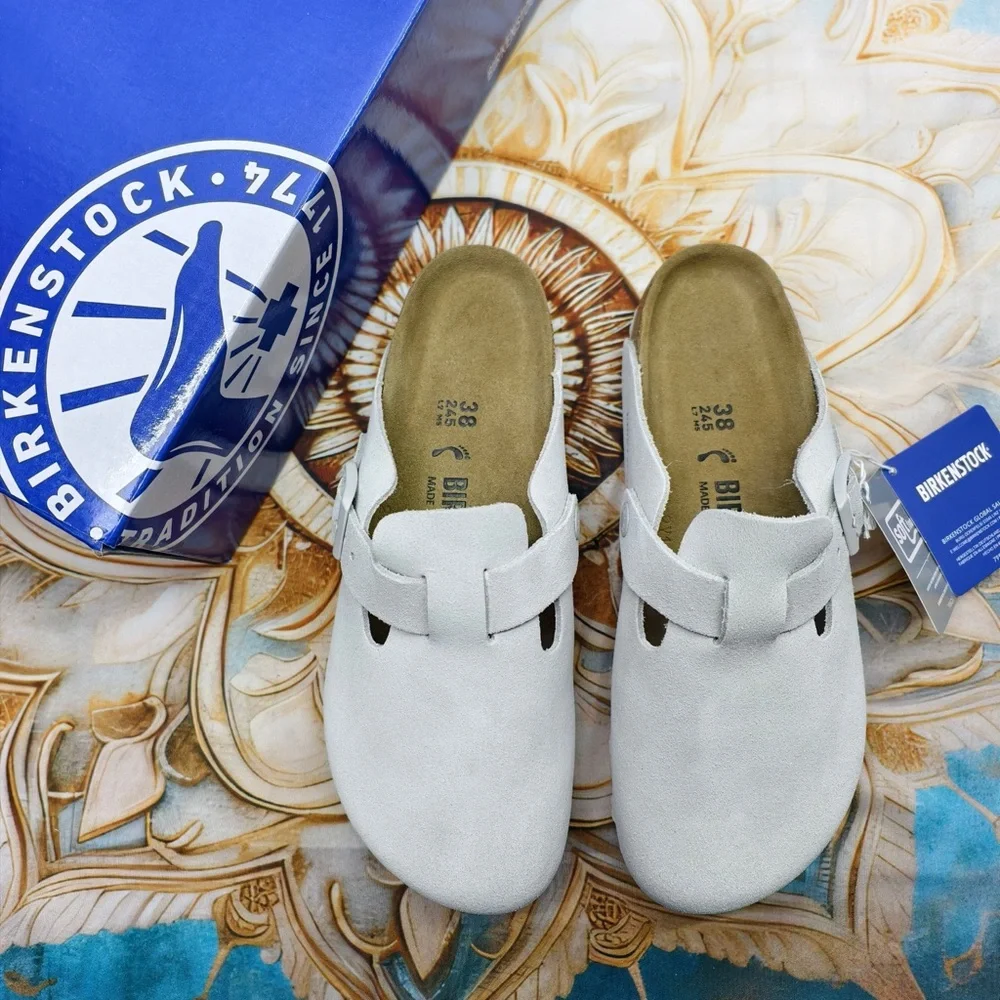 NWT Women's Birkenstock Boston Shoes in White Suede - Narrow Fit - Picture 1 of 5